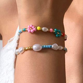Bead Faux Pearl Bracelet Blue & Pink - One Size