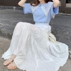 Set: Elbow-sleeve Collared Top + Midi Skirt Top - Blue - One Size / Skirt - White - One Size