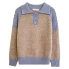 Polo-neck Color Block Sweater Khaki - One Size