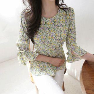 Beribboned-sleeve Floral Print Top