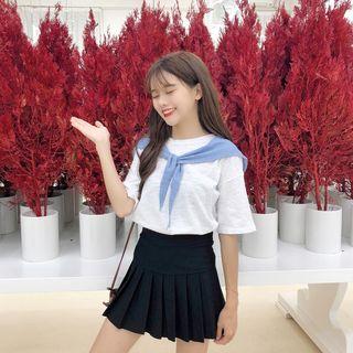 Sailor Collar Short-sleeve T-shirt / Pleated Skirt / Set: Sailor Collar Short-sleeve T-shirt + Pleated Skirt