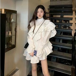Asymmetrical Mock-neck Long-sleeve Ruffled A-line Dress White - One Size