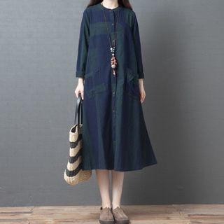 3/4-sleeve Color-panel Midi Shirt Dress