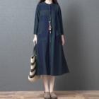 3/4-sleeve Color-panel Midi Shirt Dress