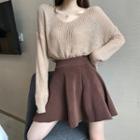 Open Back Long-sleeve Knit Top / High Waist A-line Skirt