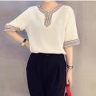 Elbow-sleeve Notched-neck Top White - One Size