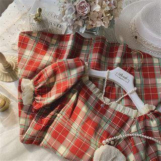 Ruffle Trim Plaid Puff-sleeve Mini A-line Dress