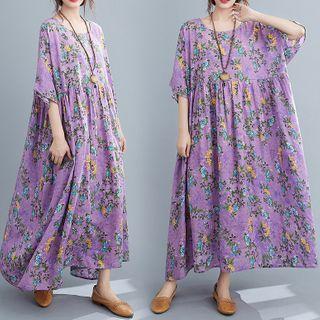Floral Elbow-sleeve Maxi A-line Dress Purple - One Size