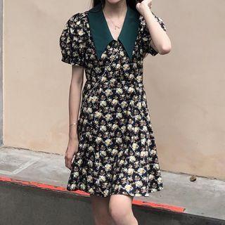 Puff-sleeve Collared Floral Print Mini A-line Dress Black - One Size
