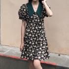 Puff-sleeve Collared Floral Print Mini A-line Dress Black - One Size