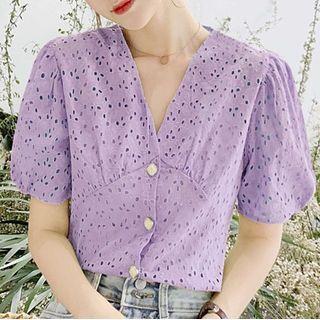 Puff-sleeve Eyelet Buttoned Top