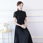 Short-sleeve Lace Stand-collar Dress