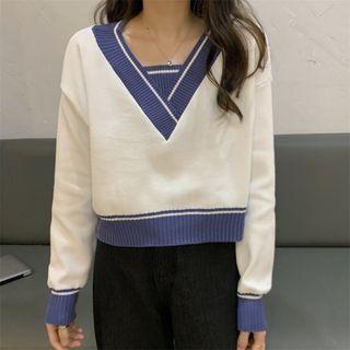 V-neck Contrast Trim Long-sleeve Cropped Knit Top