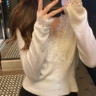 V-neck Lace Trim Mohair Knit Top