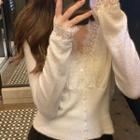 V-neck Lace Trim Mohair Knit Top