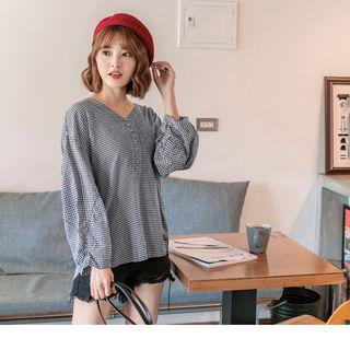 V-neck Puff Sleeve Gingham Top