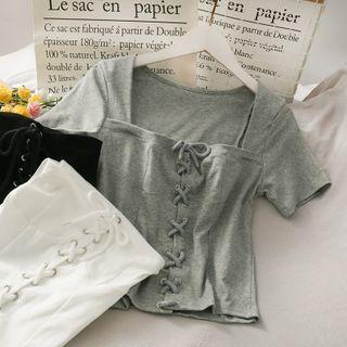 Square-neck Lace-up Crop T-shirt