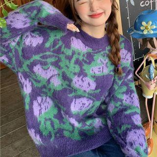 Flower Tie-dye Knit Sweater Blue - One Size