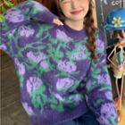 Flower Tie-dye Knit Sweater Blue - One Size