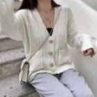 Plain V-neck Knitted Cardigan Sweater - White - One Size