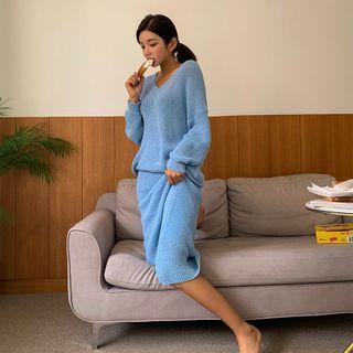 Set: V-neck Knit Top + Long Skirt