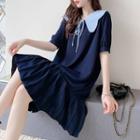 Short-sleeve Tie-front Pleated Midi Shift Dress