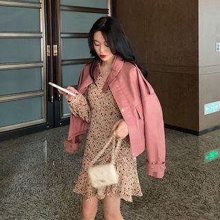 Faux Leather Zip Jacket / Floral Long-sleeve A-line Dress