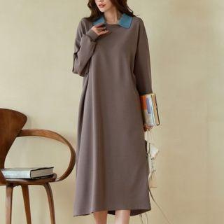 Bishop-sleeve Denim-collar Midi Dress