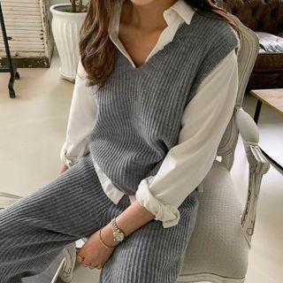 Rib-knit Vest & Pants Set Gray - One Size