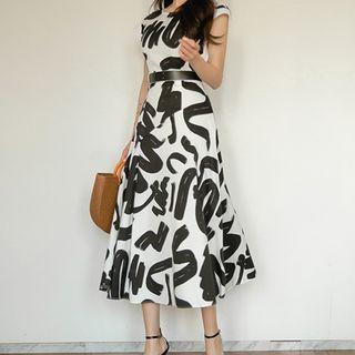 Print Cap-sleeve A-line Midi Dress