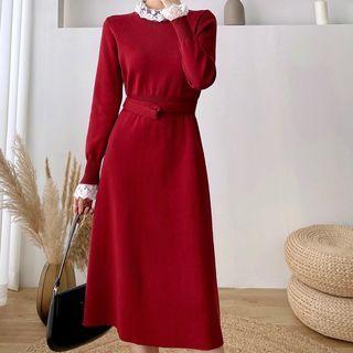 Long-sleeve Band Collar Lace Trim Panel Plain Midi Dress With Sash