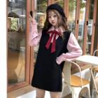 Long-sleeve Bow Accent Shirt / Knit Vest