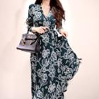 3/4-sleeve Floral-print Midi Wrap Dress
