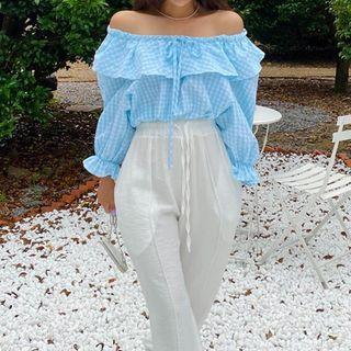Bell-sleeve Ruffled Plaid Blouse Blue - One Size