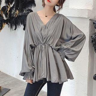 Batwing-sleeve V-neck Peplum Blouse