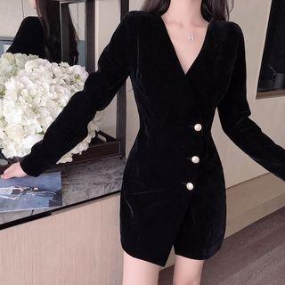 Velvet Button Long-sleeve Sheath Dress