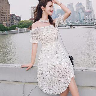 Mesh Yoke Print Short-sleeve A-line Chiffon Dress