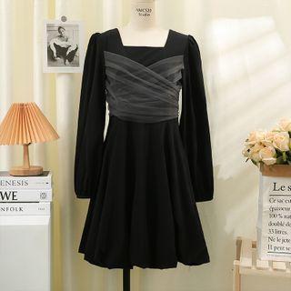 Mesh-panel Puff-sleeve Midi Dress