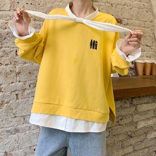 Long-sleeve Mock Two Piece Tie-neck Chinese Character Embroidered Sweatshirt