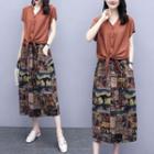 Short-sleeve Tied Shirt / Print Midi Skirt / Camisole / Set