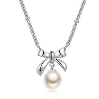 Left Right Accessory - 925 Sterling Silver Bow Dangling Freshwater Pearl (6mm) Necklace 16
