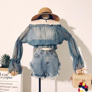 Off-shoulder Long-sleeve Sheer Top