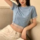 Mock Two-piece Mesh Panel Cropped T-shirt Blue - One Size