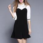 Bow Accent Color Panel 3/4 Sleeve Dress