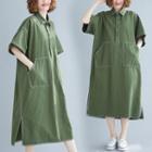 Plain Lapel Short-sleeve Dress Army Green - F