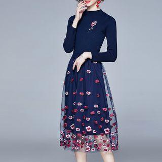 Long-sleeve Floral Embroidered Knit Midi Dress