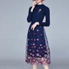 Long-sleeve Floral Embroidered Knit Midi Dress