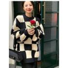 Round Neck Checkerboard Sweater Check - Black & White - One Size