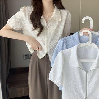 Puff-sleeve Lapel Zip-up Top