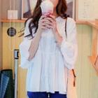 Elbow-sleeve Buttoned Long Blouse